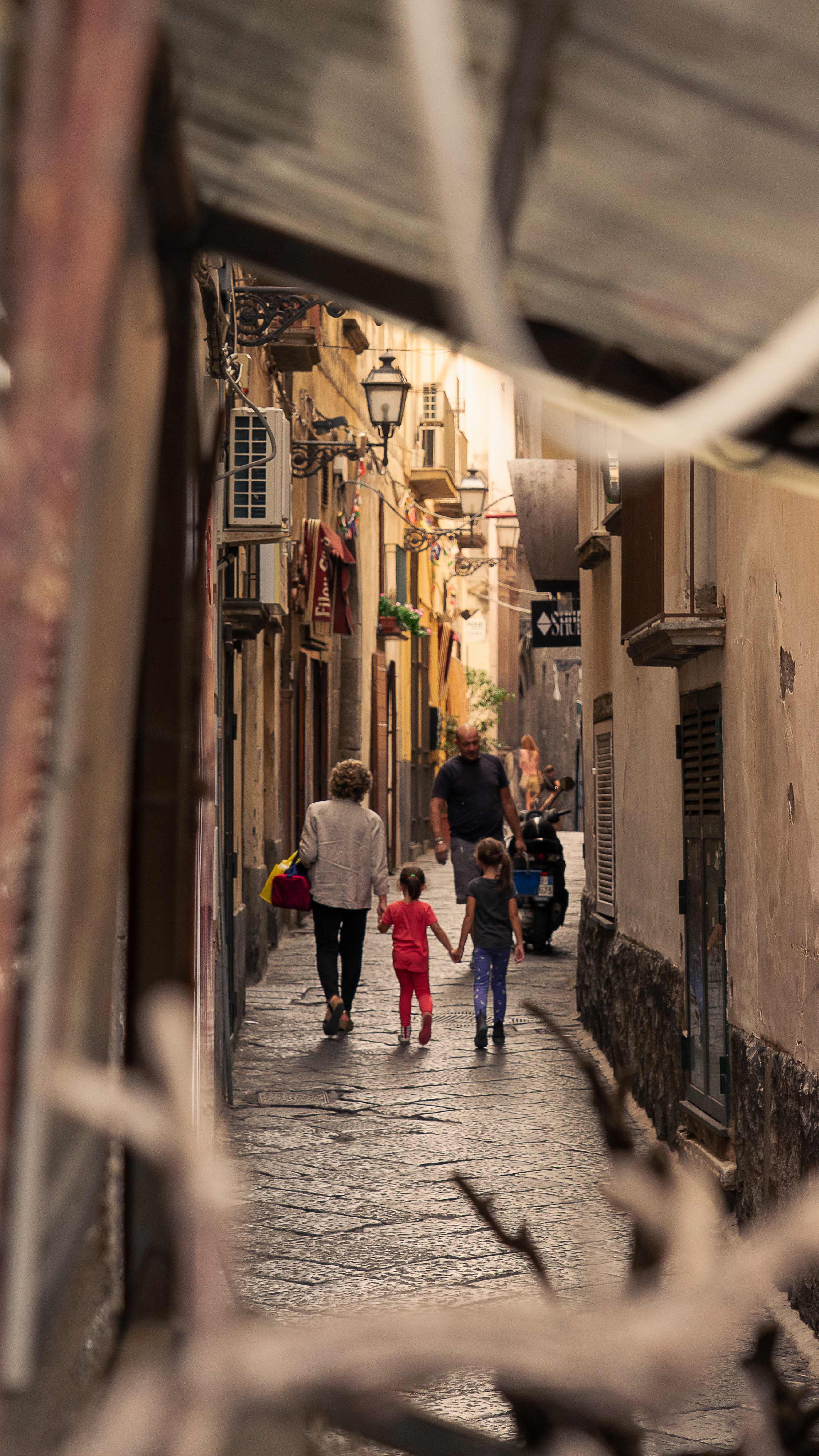 European alley through architectural frame